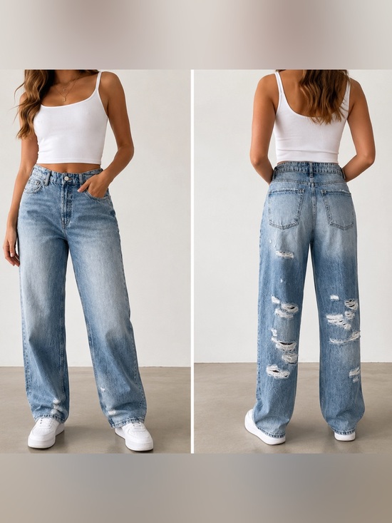 Zara Denim - Zara Distressed Straight Leg Mom Jeans Light Wash Denim Size 6